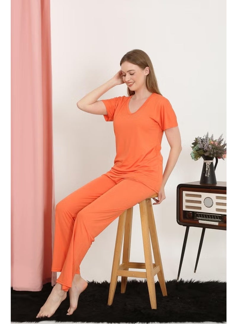 Akbeniz Women's Short Sleeve Cotton Combed Pajama Set Orange 4213 - Image 5